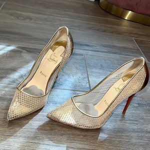 Christian louboutin gold fishnet pumps